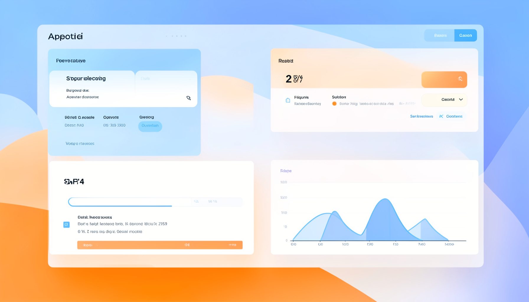 Aperçu d'un tableau de bord épuré avec des cartes d'information, des graphiques simples et une palette de bleus, blancs et touches orangées.