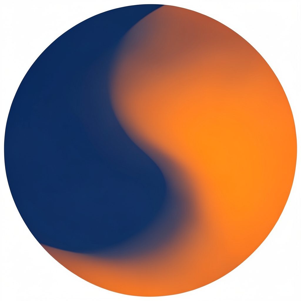 Composition circulaire abstraite mĂȘlant bleu marine et touches orangĂ©es, Ă©voquant l'Ă©nergie et la modernitĂ©.