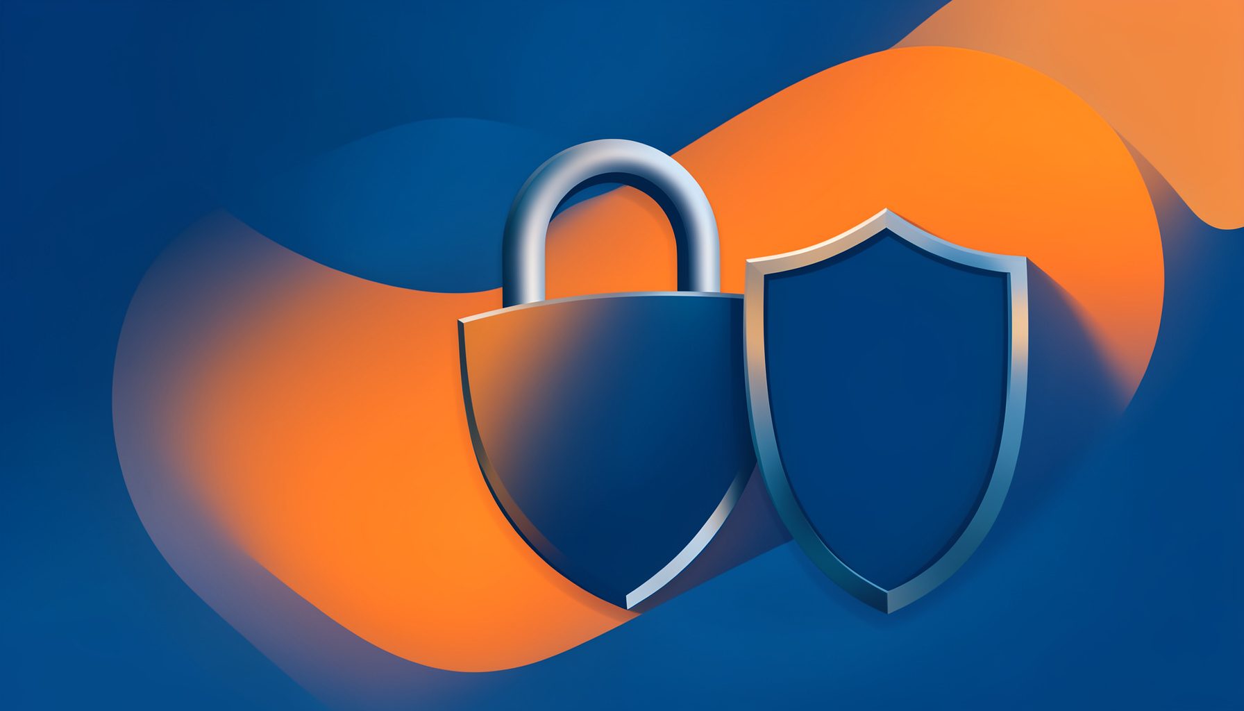 Illustration abstraite d'un cadenas et de boucliers dans des tons bleu marine et orange, évoquant la protection.